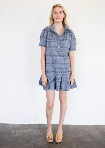 Everything Short Sleeve Dress with Ruffle Blue Floral Jacquard | Never A Wallflower