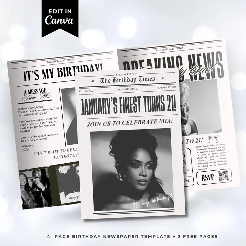 Editable Birthday Newspaper Party Invitation Template (canva) - Etsy | Etsy (US)
