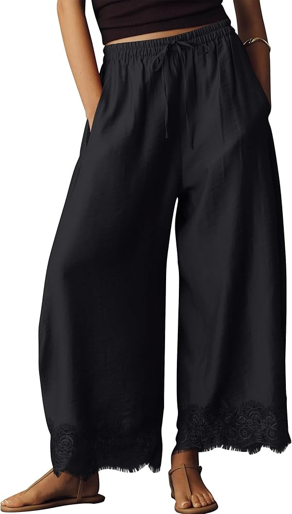 Anoumcy Pantalones de pierna ancha con ribete de encaje para mujer, pantalones casuales ligeros y... | Amazon (US)