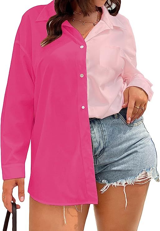 OYOANGLE Women's Plus Oversize Top Casual Long Sleeve Loose Fit Button Down Shirts | Amazon (US)
