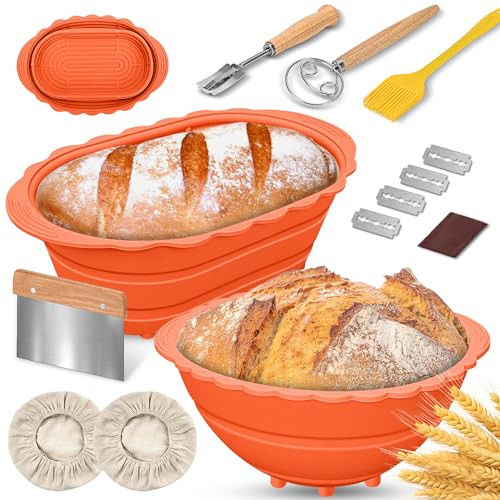 2Pack Bread Proofing Basket Banneton,Silicone Sourdough Bread Baking Baskets,9 Inch Round&10 Inch Oval Collapsible Proofing Bowl Supplies Set Tool Sourdough Kit for Bread Making-Orange | Amazon (US)