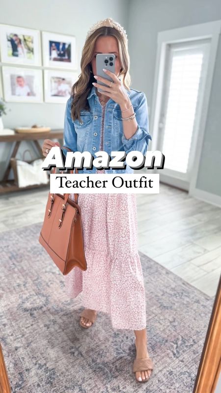 Amazon teacher outfit. Teacher style. Teacher ootd. Amazon smocked maxi dress in XS. Spring dress. Spring outfit. Amazon denim jacket in XS, color maude. Vacation outfit. Amazon slide sandals are TTS. Amazon pearl headbands. Amazon work tote. Brunch outfit. 

*Could swap out mules or white sneakers for the shoe!

#LTKtravel #LTKworkwear #LTKshoecrush