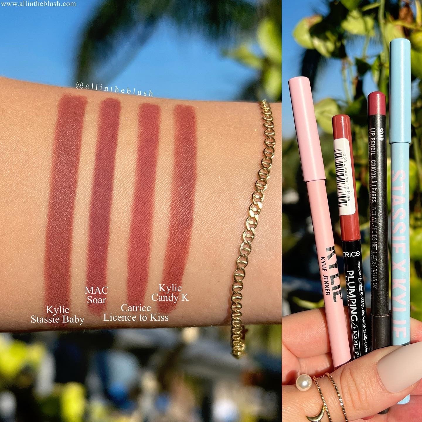 MAC ‘Soar’ Lip Pencil Swatch Comparisons with Kylie ‘Stassie Baby’, Kylie ‘Candy K’ & Catrice License to Kiss Lip Liner

#LTKBeauty #LTKSaleAlert #LTKgrwm