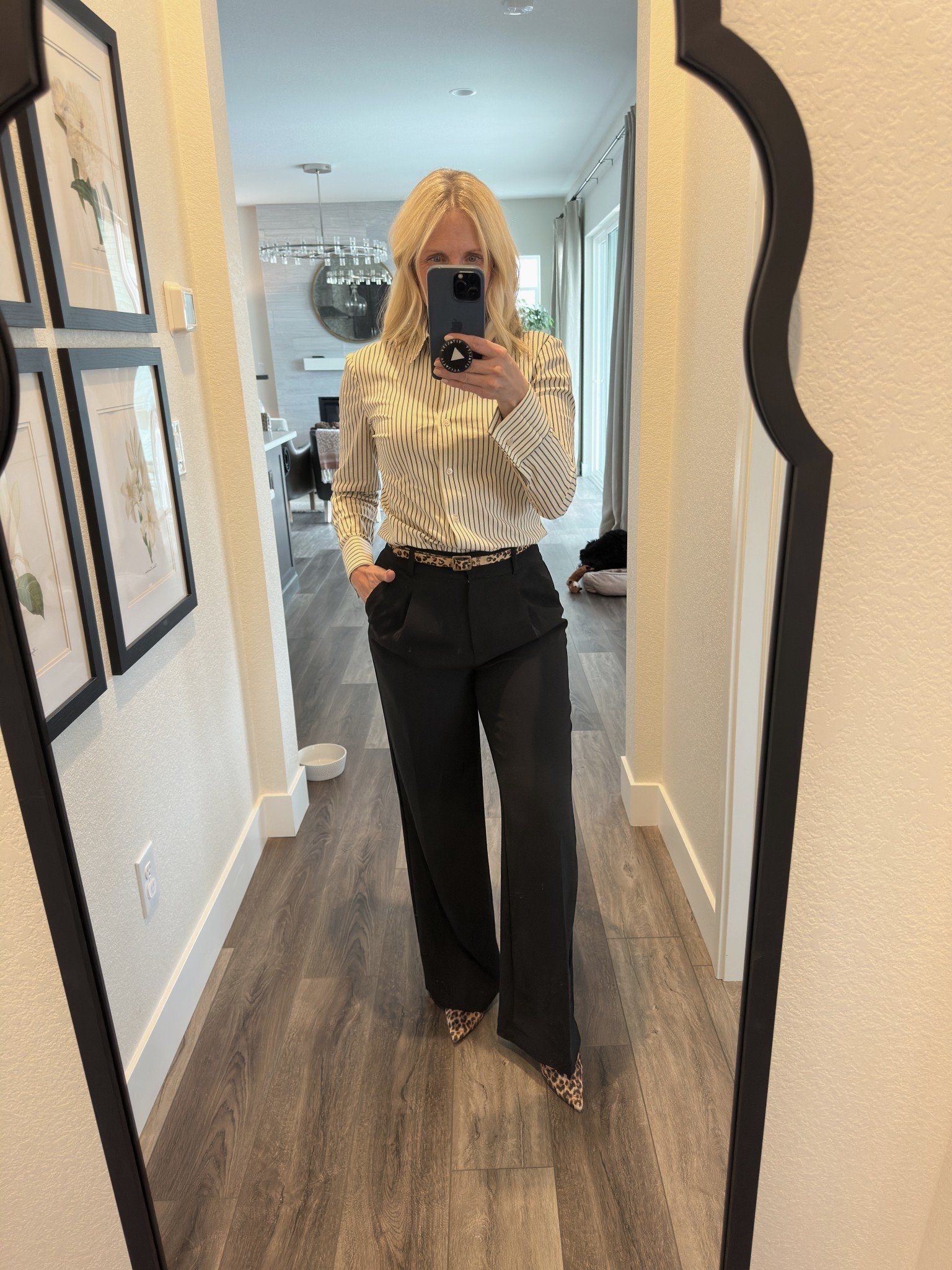Sling back, slingback, wide leg slacks, pin stripe shirt, pin stripe button down, leopard shoes, leopard belt, brown saddle bag