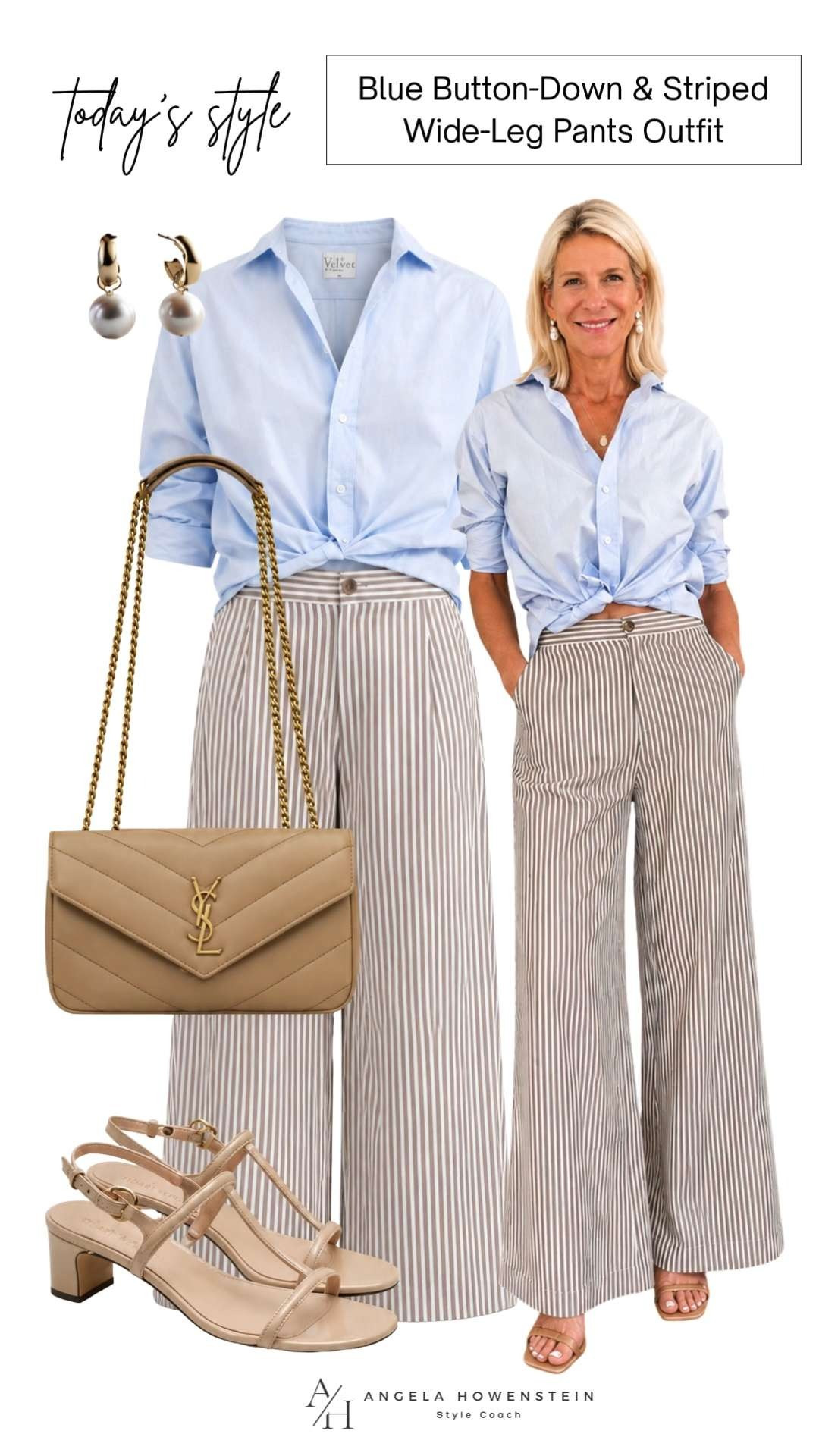This is one of those outfits that always looks polished with minimal effort. The crisp blue button-down paired with striped wide-leg pants creates a timeless, flattering silhouette that's perfect for work, lunch, travel, or everyday wear. Finish it with neutral accessories for an outfit you'll reach for again and again.

❤️ Heart = Support my posts
📌 Save = Outfit inspiration for effortless everyday style
🛍️ Follow me on LTK for more classic outfits you'll actually wear 

 #LTKootd #LTKSeasonal #LTKOver40