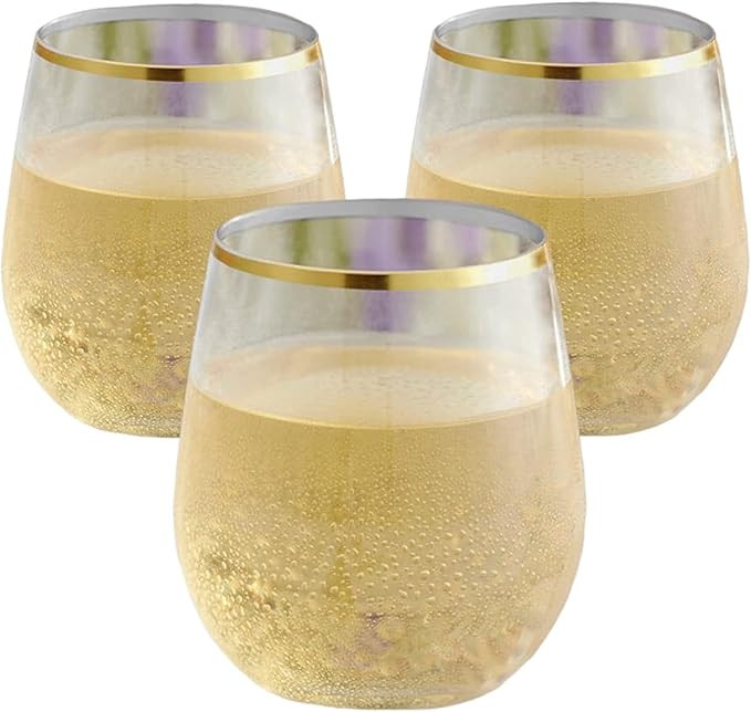 48 piece Stemless Unbreakable Crystal Clear Plastic Wine Glasses Set of 48 Small (10 Ounce - Gold... | Amazon (US)