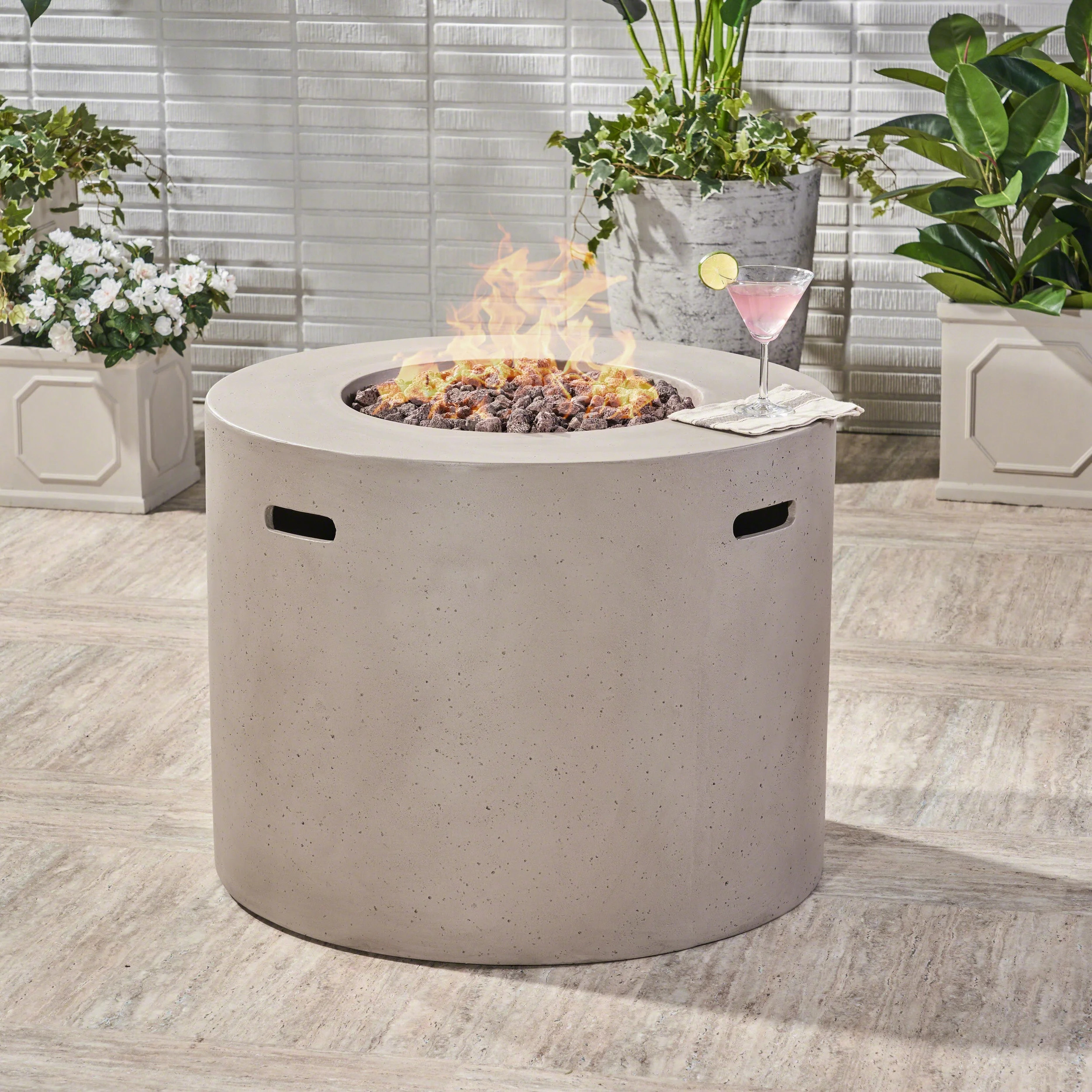 Noble House Aidan 31" Round Light Weight Concrete Gas Fire Pit in Light Gray - Walmart.com | Walmart (US)