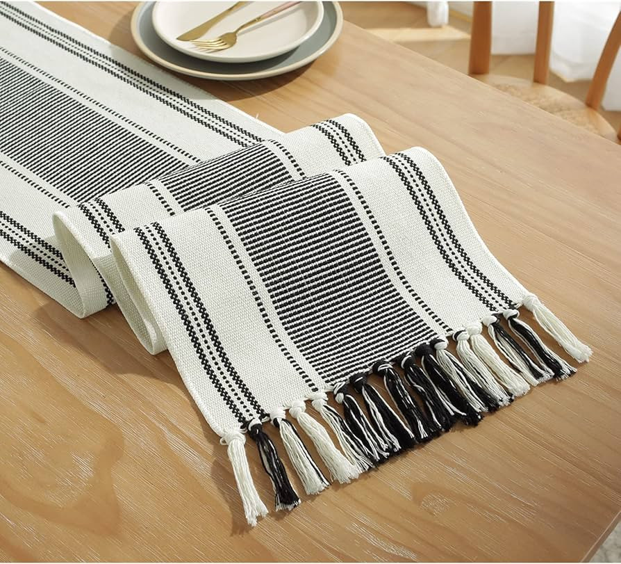 Boho Table Runner Balck and White for Modern Farmhouse Decor,Natural Cotton Woven Runner with Tas... | Amazon (US)