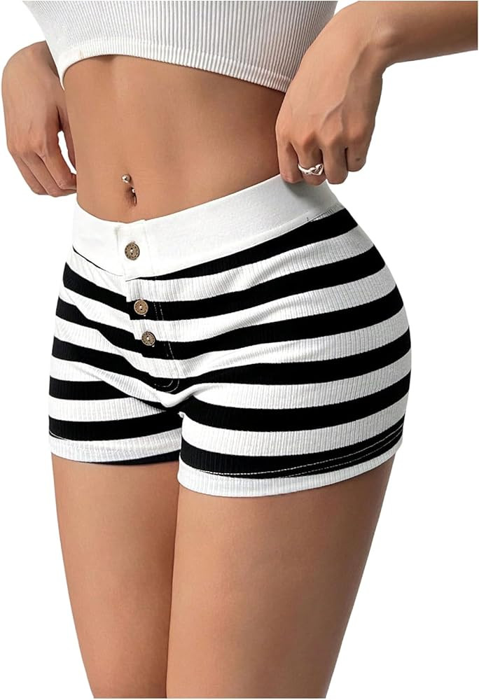 Floerns Women's Striped Low Waisted Mini Shorts Ribbed Knit Button Front Skinny Shorts | Amazon (US)