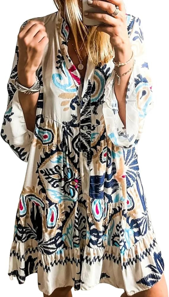 Women's V-Neck Exotic Pattern Print Mini Dress with Long Bell Sleeve Boho Style Button Front Wear... | Amazon (US)