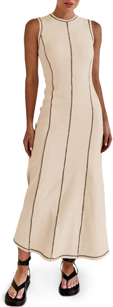 Wenrine Womens Sleeveless T shirt Dress Summer Contrast Stitch Ribbed Knit Tank Maxi Dresses | Amazon (US)