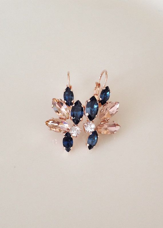Navy blue and Blush earrings, Swarovski earrings, marquise crystal leaf earrings, something blue,... | Etsy (US)