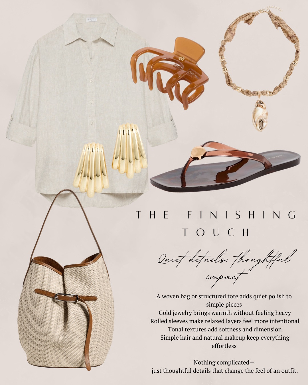 The finishing touch—quiet details, thoughtful impact! I found some super chic accessories that will help give that finishing touch to any outfit this summer. I have this amazing canvas tote bag, jelly sandals, linen shirt, hair clip and jewelry. All items linked ⬆️

#ltkcreator #ltkfinds #ltkwatchnow #summer #summeroutfits #summerfashion #linen #shopbop #aritzia #zara

#LTKgrwm #LTKootd #LTKSeasonal