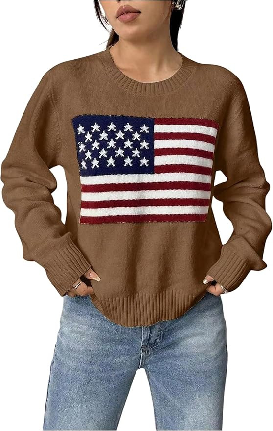 SweatyRocks Women's Flag Pattern Long Sleeve Round Neck Sweater Casual Loose Pullover Sweater | Amazon (US)