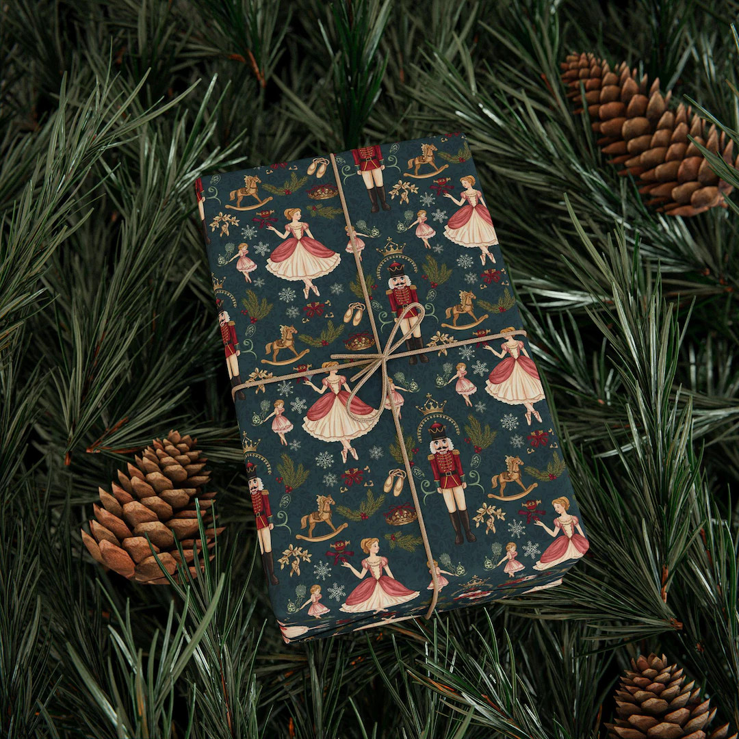 Nutcracker Wrapping Paper: Elegant Ballet Christmas Tree Gift Wrap in Moody Christmas Green | Etsy (US)