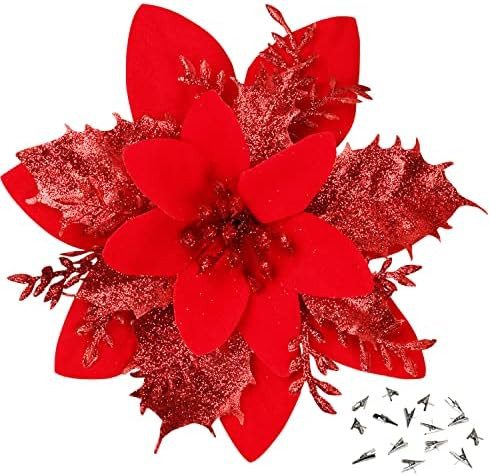 15 Pcs Red Poinsettia Artificial Flowers Glitter Artificial Christmas Flowers Decorations with Cl... | Amazon (US)