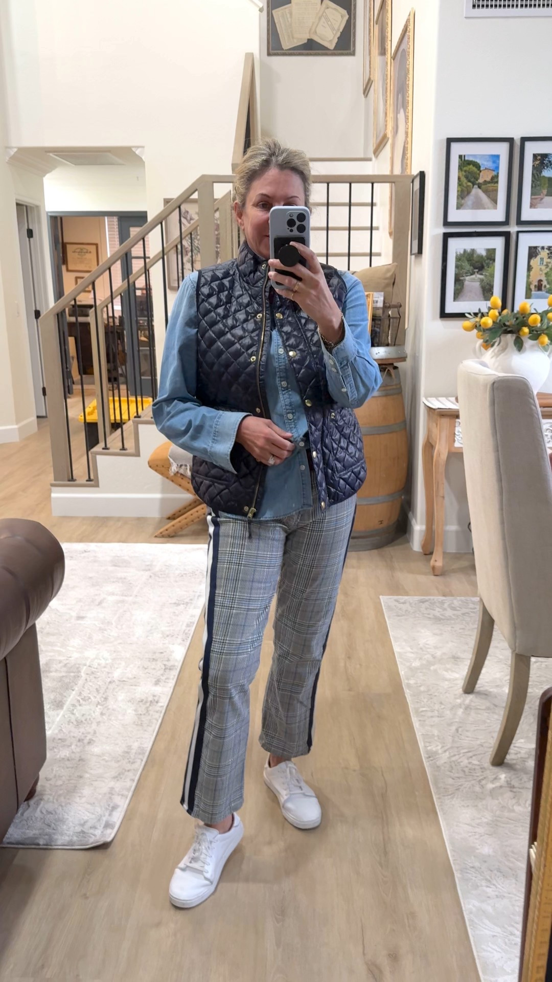 Crazy hair day but at least my ootd is good. Can't win 'em all. Closet staples will always work to pull together an outfit like a denim button down white sneakers paired with a puffer vest and pant.

#LTKootd #LTKOver40 #LTKvlog