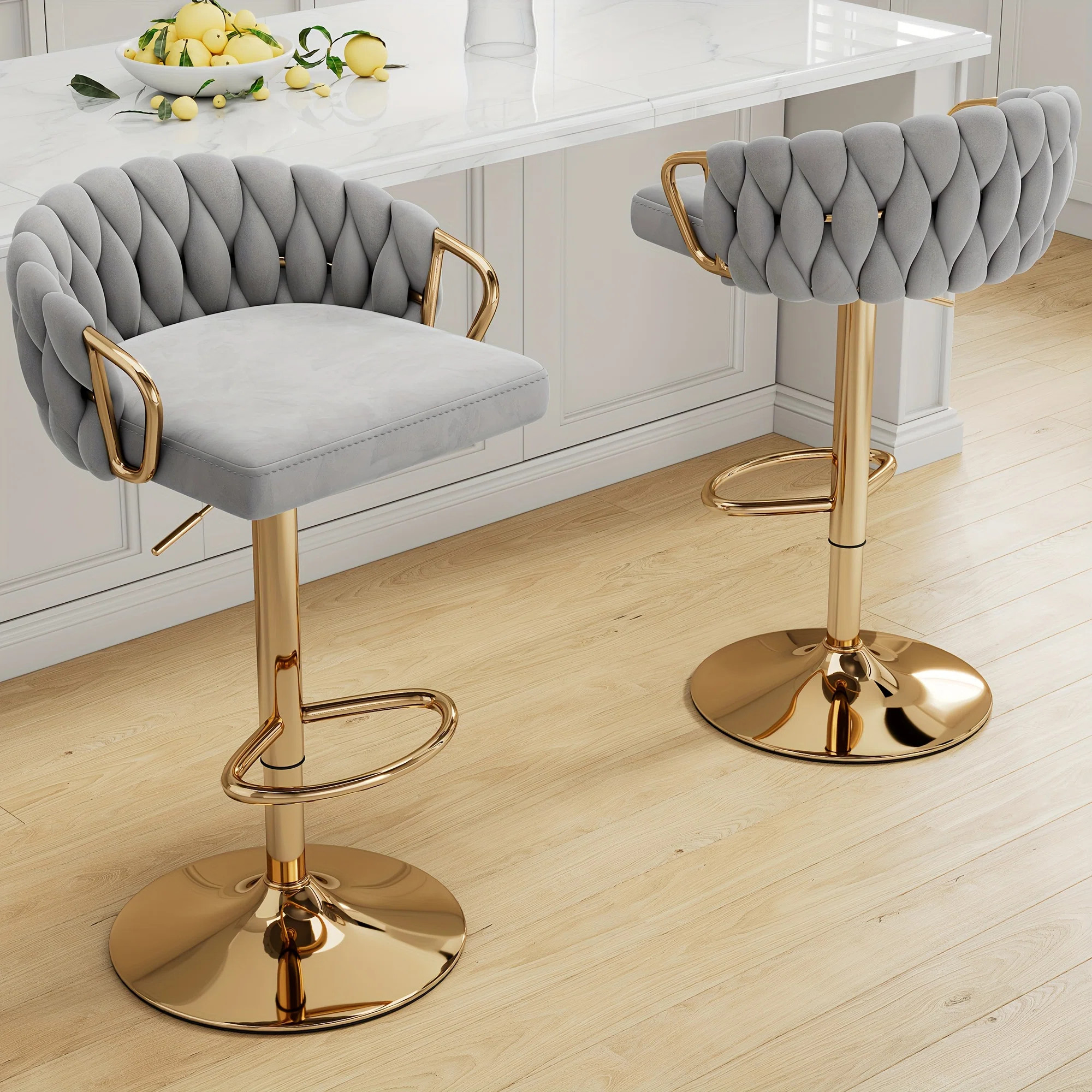 Mercer41 Velvet Swivel Bar Stools, Modern Gold Barstools with Woven Back, Adjustable Counter Heig... | Wayfair North America