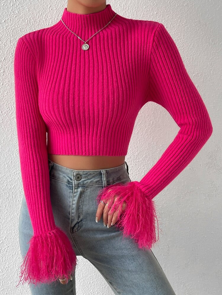 Mock Neck Fuzzy Cuff Crop Sweater | SHEIN