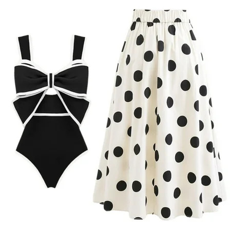 Flaxmaker Women One Piece Swimsuit Black Bow-tie Cut Out Polka dot Print Bathing Suit Two Pieces Swimwear Set | Walmart (US)