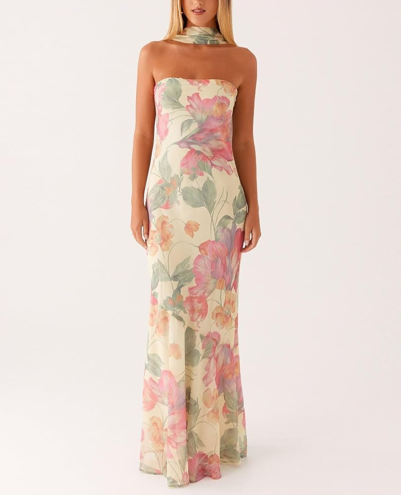 Women Strapless Floral Dress with Sarf Mesh Tube Maxi Dress Summer Cocktail Wedding Guest | Amazon (US)
