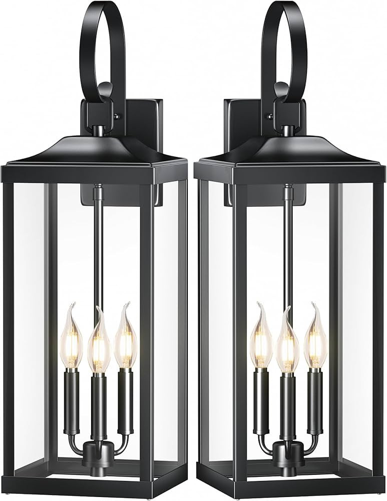 2 Packs 24" Extra Large Outside Wall Light Fixture 3-Light, Black Outdoor Porch Lantern Wall Moun... | Amazon (US)