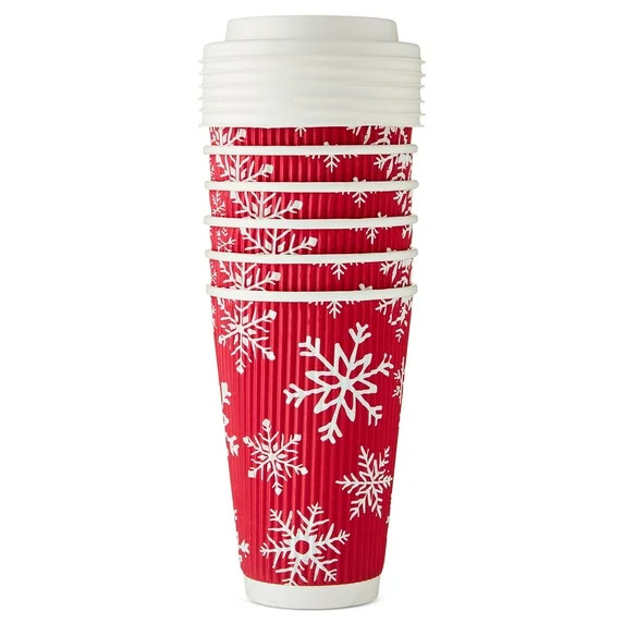 Snowflake Paper Coffee Cups with Plastic Lids, Red and White, 16 oz, 6 Count, by Holiday Time | Walmart (US)