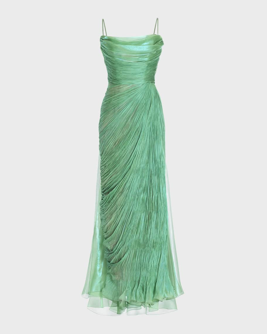 Maria Lucia Hohan Regina Cowl-Neck Metallic Pleated Silk Gown | Neiman Marcus