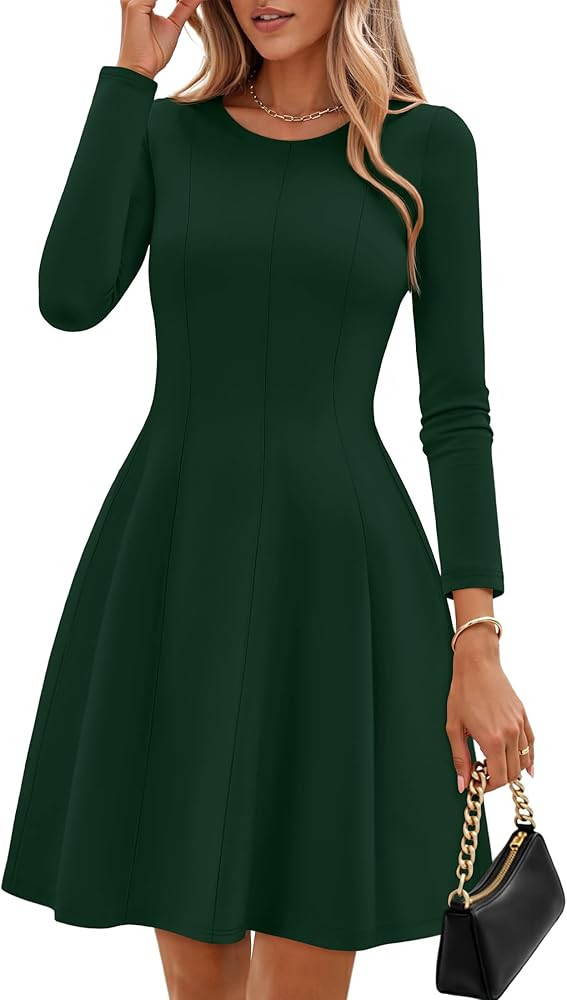 ZESICA Womens Long Sleeve Mini Dress 2026 Fall Crewneck Pleated Babydoll A Line Flowy Wedding Par... | Amazon (US)
