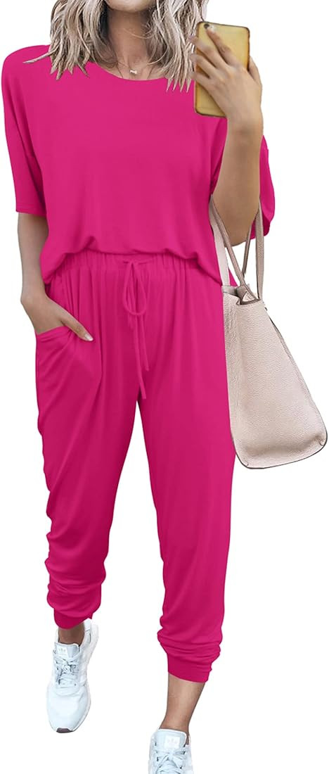 PRETTYGARDEN Women's Two Piece Outfit Short Sleeve Pullover with Drawstring Long Pants Tracksuit ... | Amazon (US)