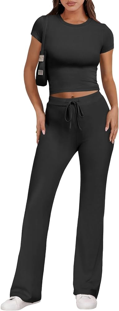 Caracilia Women's 2 Piece Lounge Sets Straight Leg Pants Set Short Sleeve Y2K Crop Top Summer Cas... | Amazon (CA)