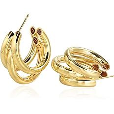 Chunky Gold Hoop Earrings for Women, 14k Gold Plated Thick Triple Hoop Earrings Hypoallergenic Tr... | Amazon (US)