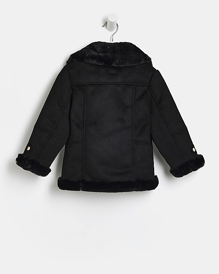 Mini Girls Black Faux Fur Aviator Coat | River Island (UK & IE)