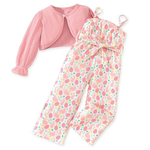 HINTINA Toddler Girl Easter Outfits 3T Long Sleeve Knitted Cardigan 3 Years Sleeveless Bunny Jumpsuit Spaghetti Strap Romper Wide Leg Pant Clothes Set, 3-4T, Pink | Amazon (US)