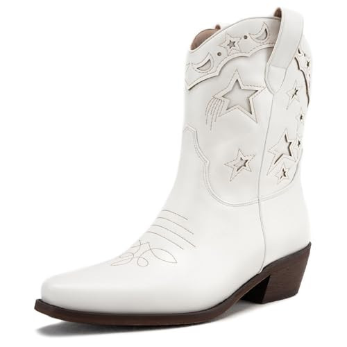KaroNairy White Cowboy Booties for Women Western Star Embroidered Cowgirl Booties Pull On Low Heel Ponited Toe Ankle Cowgirl Boots 9.5 | Amazon (US)