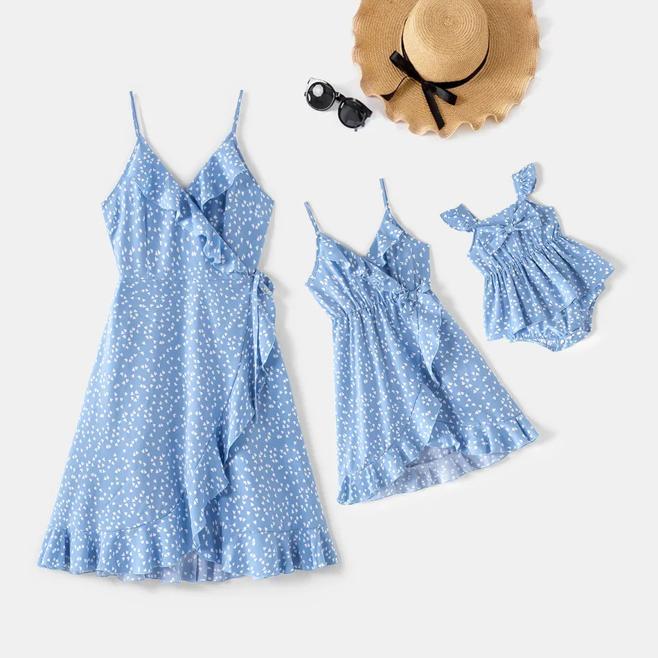 All Over Dots Print Blue Sleeveless Spaghetti Strap V Neck Ruffle Wrap Dress for Mom and Me | PatPat
