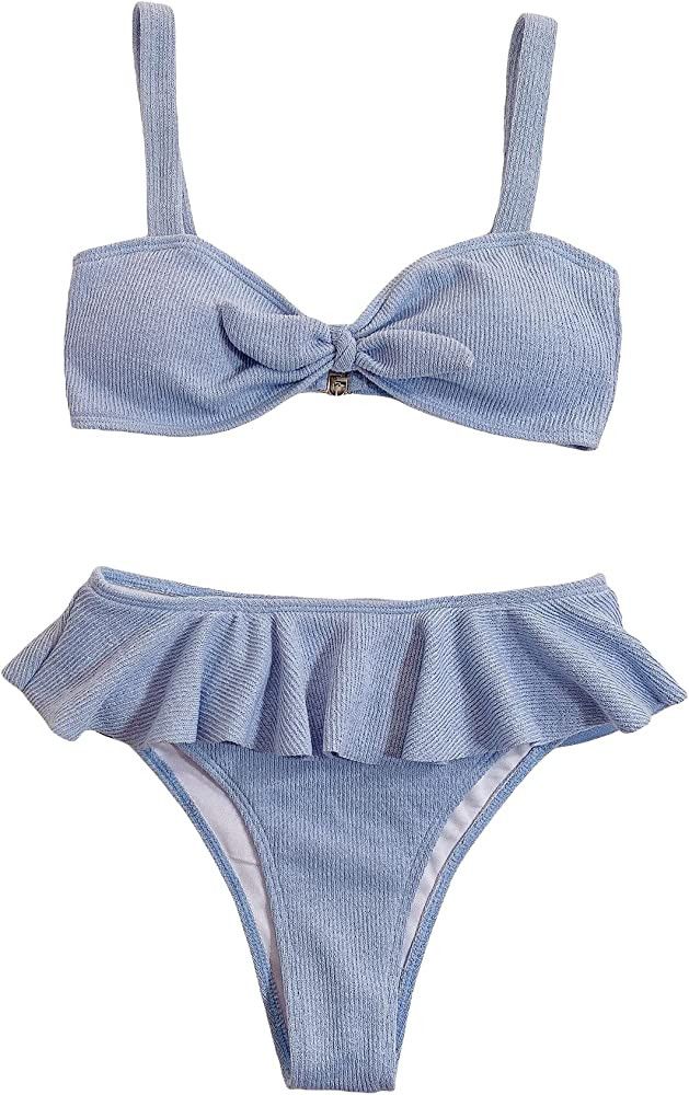 MakeMeChic Women's 2 Piece Swimsuit Ribbed Knot Front Ruffle Trim Bikini Set | Amazon (US)