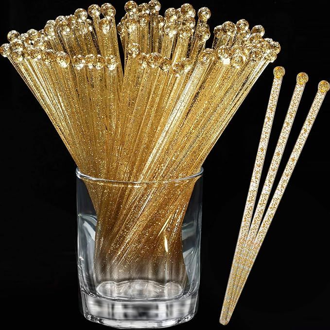 Aboat 120 Pieces 7.3 Inch Plastic Round Top Swizzle Sticks, Crystal and Gold | Amazon (US)