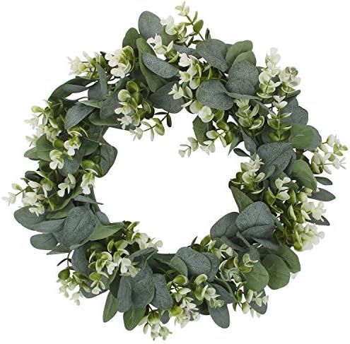 Geboor 15'' Artificial Eucalyptus Wreath with Flowers Faux Green Leaves Eucalyptus Wreath for Front  | Amazon (US)