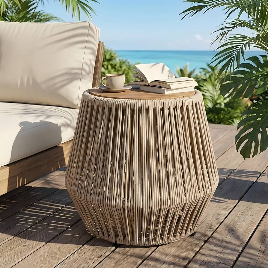 Merax Bohemian Round Outdoor Side Table with Acacia Wood Top and Beige Handwoven Rope Base, Boho ... | Amazon (US)