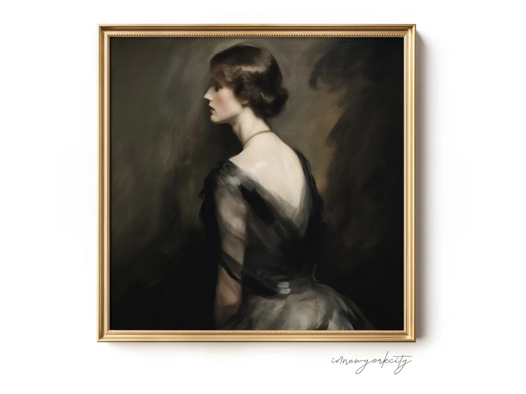 Woman in Black Tulle Oil Painting, Antique Muted Print, Vintage Rustic Farmhouse Decor, Printable... | Etsy (US)