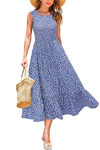 STYLEWORD Womens 2026 Summer Dresses Casual Sleeveless Crewneck A Line Sundress Flowy Beach Midi Dress with Pockets(Blue Yellow Floral,M) | Amazon (US)