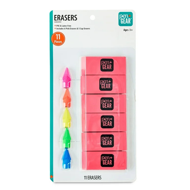 Pen+Gear Eraser Combo Pack, 11 Count – 6 Pink Block Erasers & 5 Cap Erasers, Assorted Colors | Walmart (US)