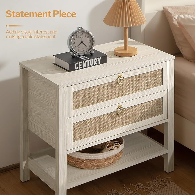 SICOTAS White Night Stand Set of 2, Large Nightstand with Drawers and Storage Shelf - Rattan Boho... | Amazon (US)