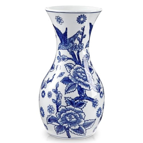 Blue and White Ceramic Vase, 11" Tall Chinoiserie Vase in Wide Mouth, Vintage Blue Flower Vases Decorative Vases for Home Decor, Table Centerpiece, Living Room, Dining Room, Entryways Decor | Amazon (US)
