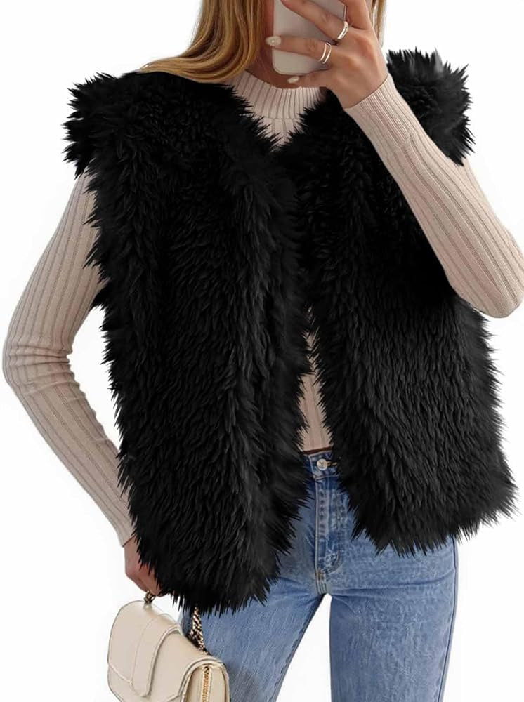 Tankaneo Womens Faux Fur Vest Cropped Sleeveless Warm Winter Shaggy Open Front Outerwear Vest | Amazon (US)