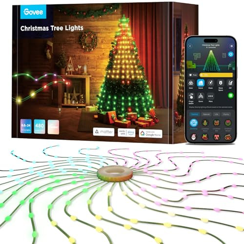 Govee Christmas Tree Lights, Smart RGBIC 480 LEDs Christmas Lights, 6.6ft × 24 String Lights for Holiday Decorations, Music Sync, Voice and APP Control, 60+ Scene Modes, Green Wire, Adapter | Amazon (US)