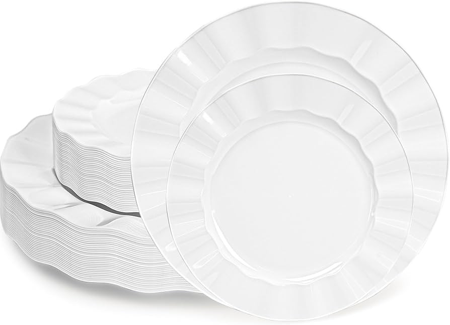 60 Pcs White Plates, Wave Edge Design Disposable Plastic Plates for 30 Guests, Fancy Wedding Part... | Amazon (US)