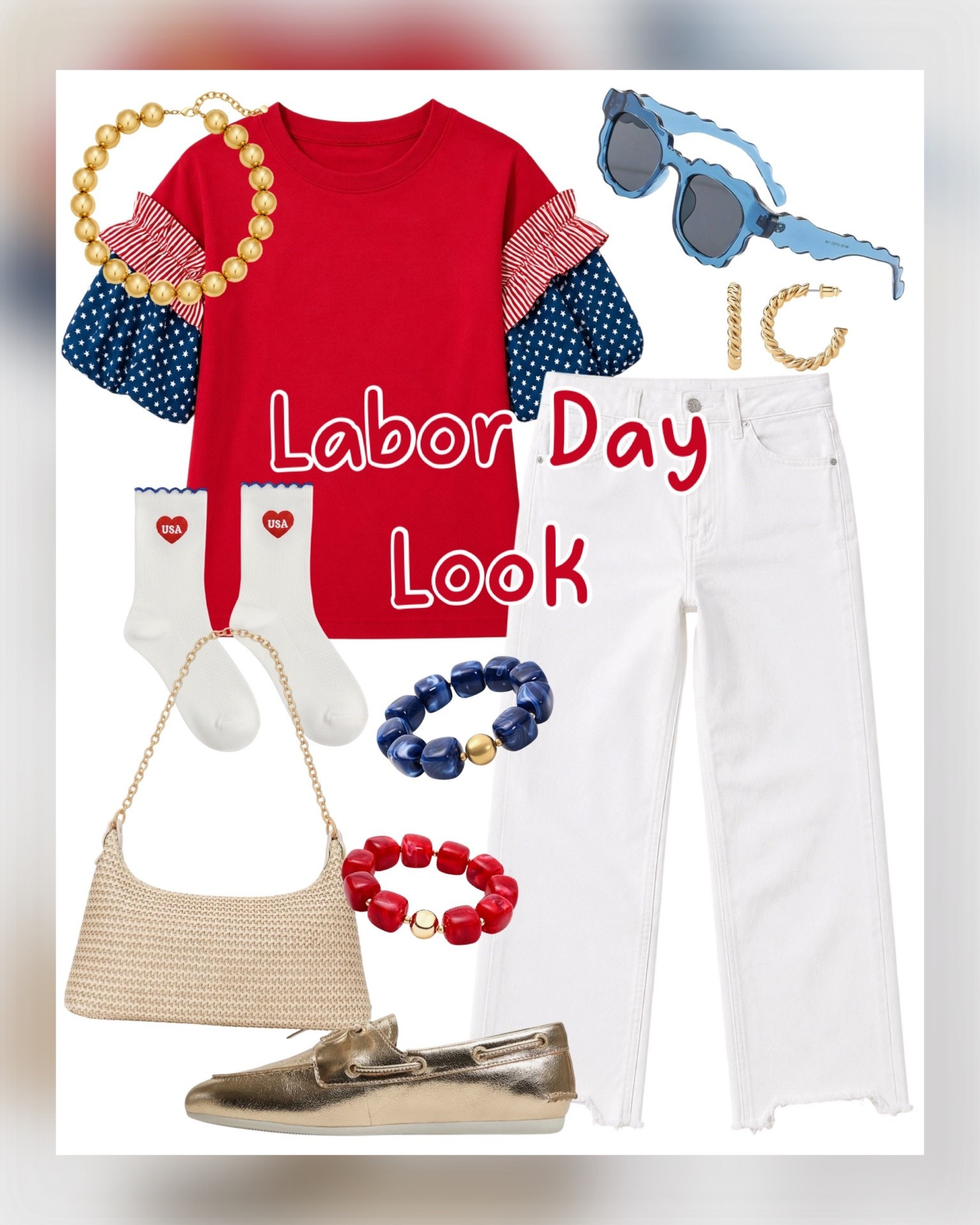 Labor Day Look 🇺🇸❤️💙

The perfect patriotic look for Labor Day! 🇺🇸✨ This adorable stars-and-stripes top paired with white straight-leg jeans creates an easy, festive outfit without feeling over-the-top. I added gold statement jewelry, blue sunglasses, USA socks, a woven bag, and metallic boat shoes for the cutest finishing touches. ❤️🤍💙

Perfect for Labor Day celebrations, patriotic outfits, summer-to-fall transition, casual holiday style, stars and stripes fashion, white denim, preppy Southern style, and festive everyday outfits.

#LTKOver40 #LTKSeasonal #LTKootd