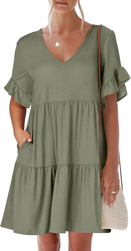 ANRABESS Women's 2024 Summer V Neck Ruffle Short Sleeve A Line Tiered Flowy Casual Mini Beach Dre... | Amazon (US)